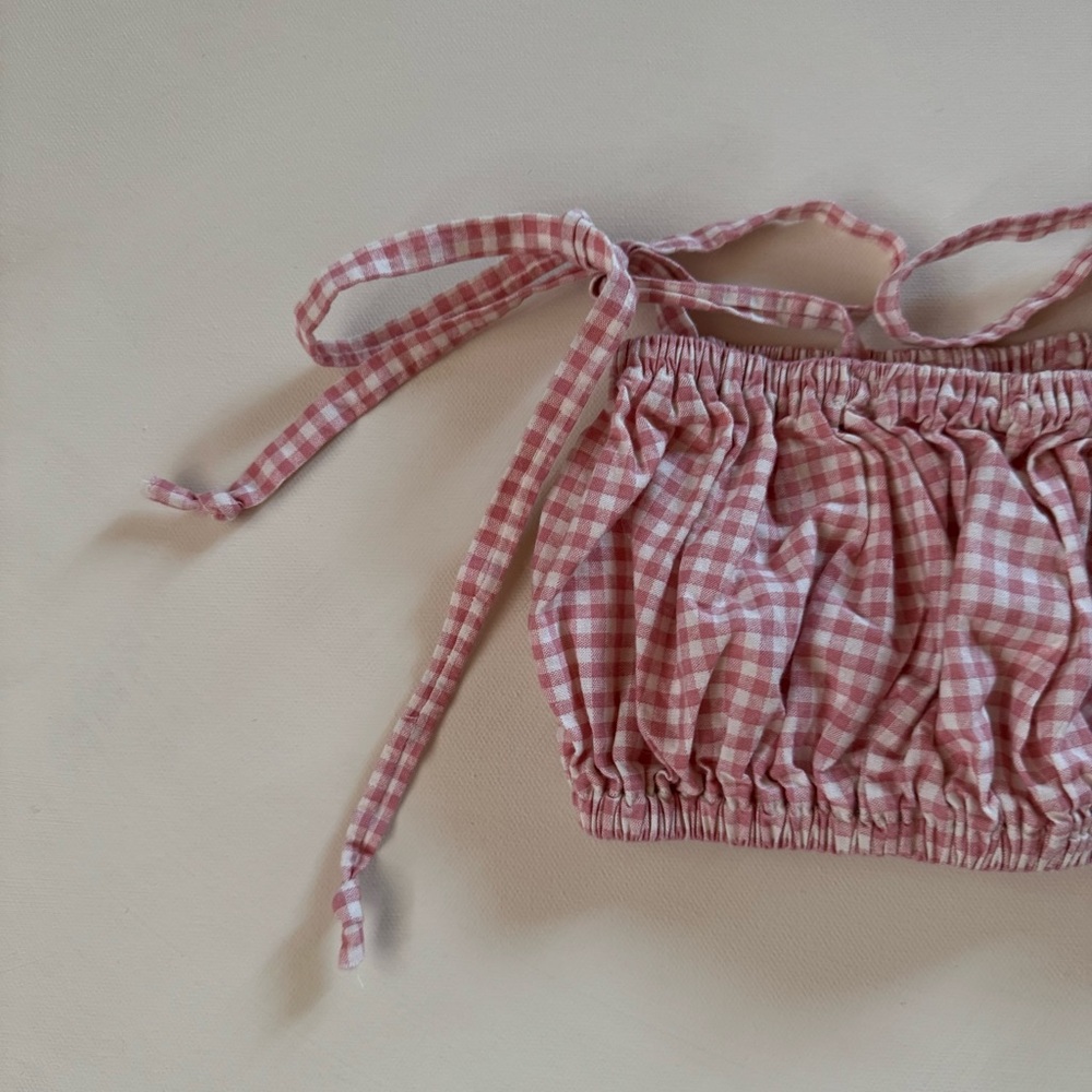 Pink Gingham Tie Strap Ruched Top - Picture 4 of 6